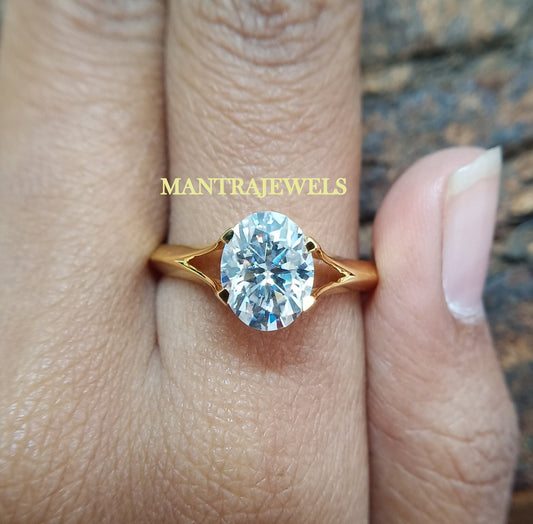 Moissanite Diamond Ring for Women - Oval Cut 2.00 Ct Moissanite Gemstone Ring - 14K Yellow Gold Engagement Ring for Her - Handmade Jewellery