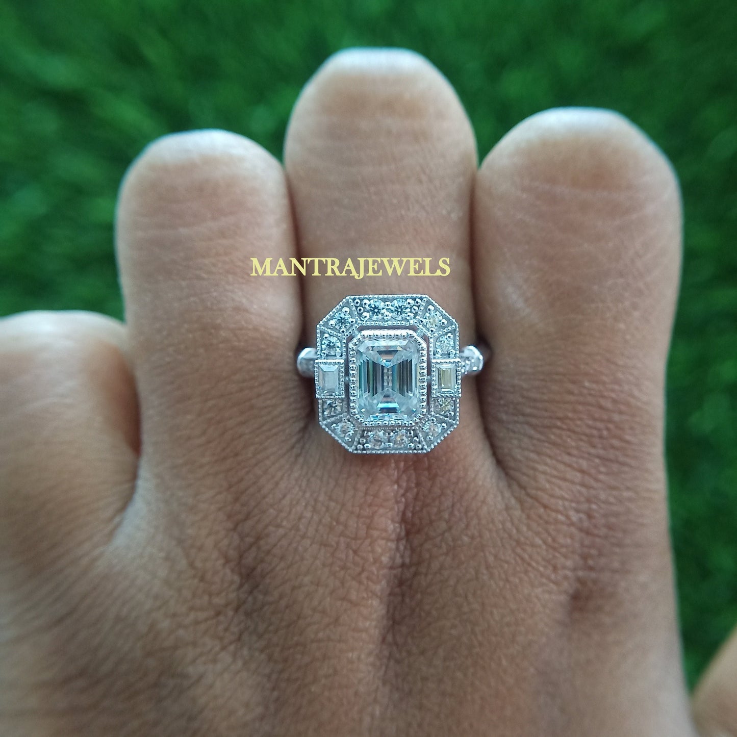 Art Deco Halo Simulated Diamond Ring, Emerald Cut Colorless Moissanite Ring, Vintage Style Customized Ring, Anniversary Ring.