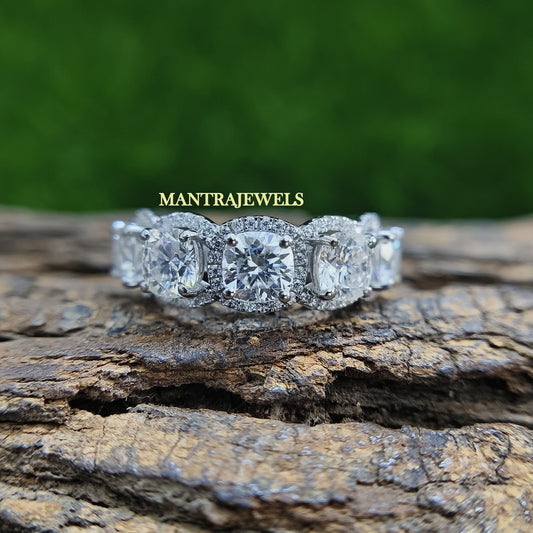 Five Stone Cushion Cut Moissanite Ring, Cluster Halo Anniversary Promise Ring, 10K, 14K And 18K Solid White Gold Diamond Ring.