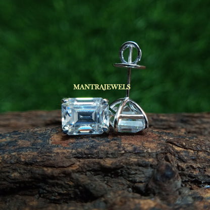 Daily Wear Emerald Cut Moissanite Earrings, Solid White Gold Screw Back Earrings, Studs Delicate Engagement Gift Earrings.