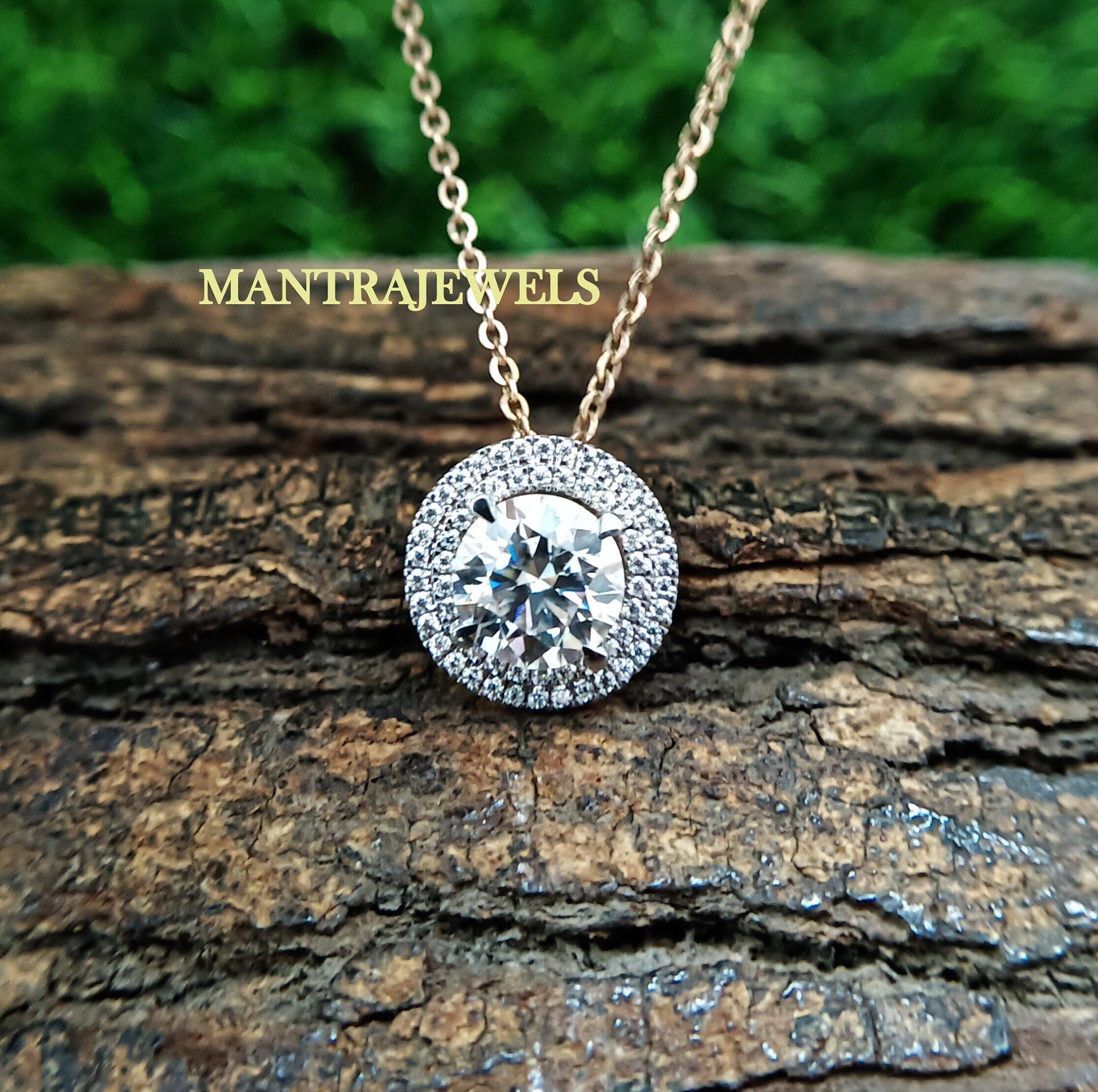 Brilliant Round Cut Colorless Moissanite Pendant, Double Halo Daily Wear Moissanite Pendant, Solitaire Rose Gold Wedding Pendant.