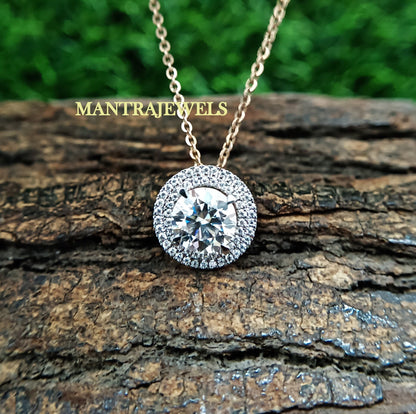 Brilliant Round Cut Colorless Moissanite Pendant, Double Halo Daily Wear Moissanite Pendant, Solitaire Rose Gold Wedding Pendant.