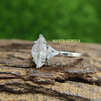 Three Stone Moissanite Engagement Ring, Colorless Marquise Cut Moissanite Gift Ring For Wife, Minimalist Prong Setting Dainty Ring.