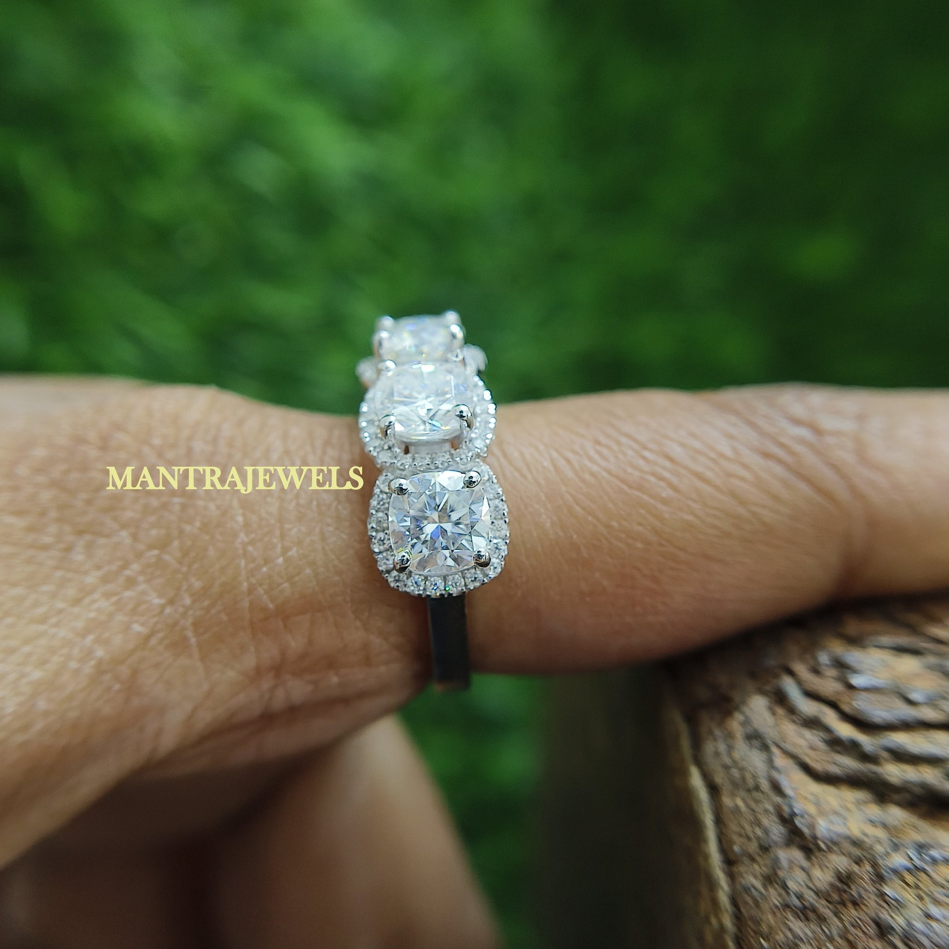 Five Stone Cushion Cut Moissanite Ring, Cluster Halo Anniversary Promise Ring, 10K, 14K And 18K Solid White Gold Diamond Ring.