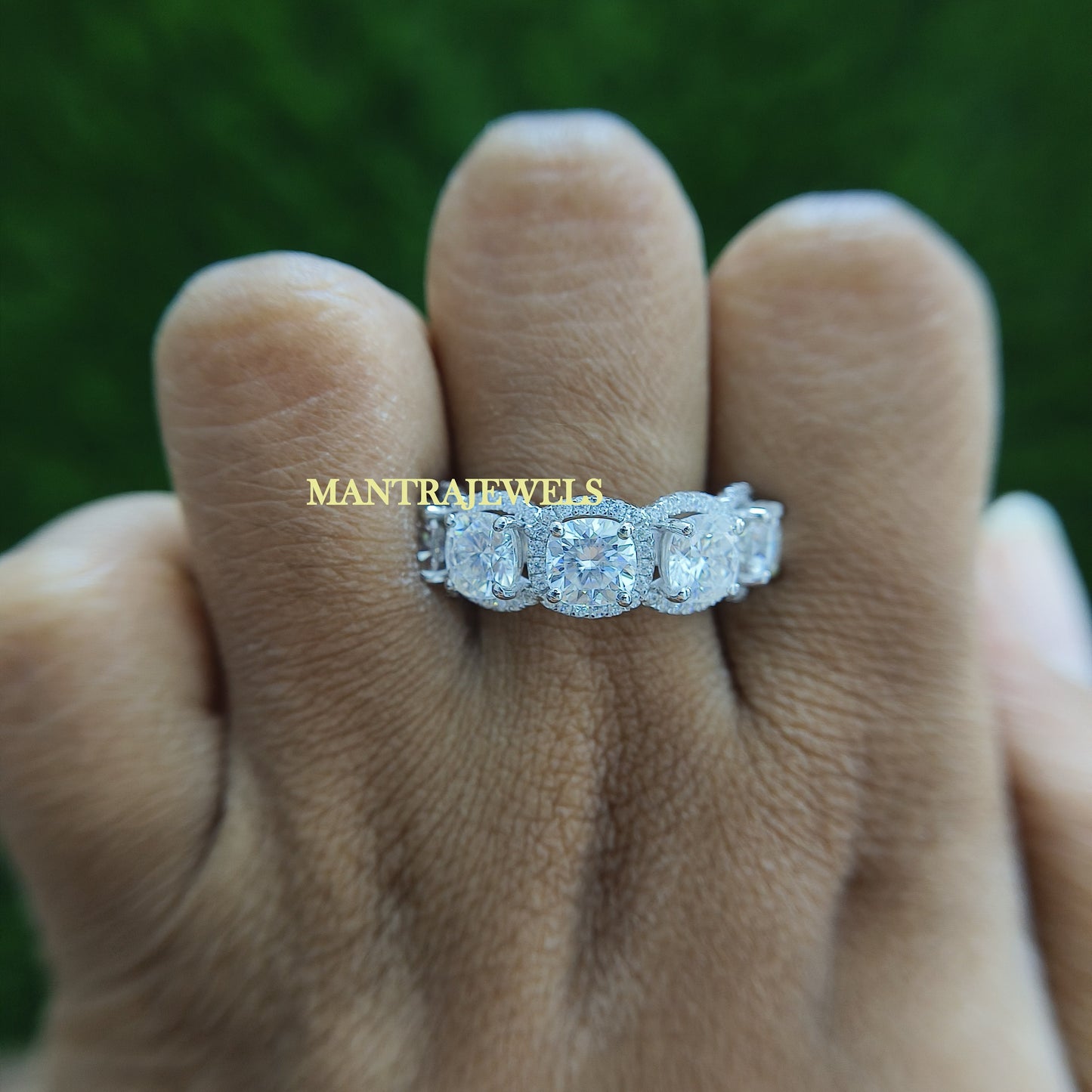 Five Stone Cushion Cut Moissanite Ring, Cluster Halo Anniversary Promise Ring, 10K, 14K And 18K Solid White Gold Diamond Ring.