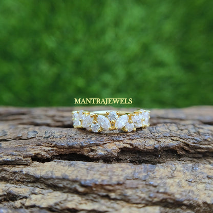 Moissanite Half Eternity Curved Wedding Band-Solid Gold Art Deco Sterling Band-Round Flush Set Bridal Ring