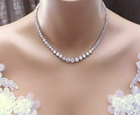 Moissanite Diamond Bridal Necklace 925 Silver 16" 34 Carat Genuine Round Moissanite Tennis Necklace, Solid White Gold Jewelry Gift For Her