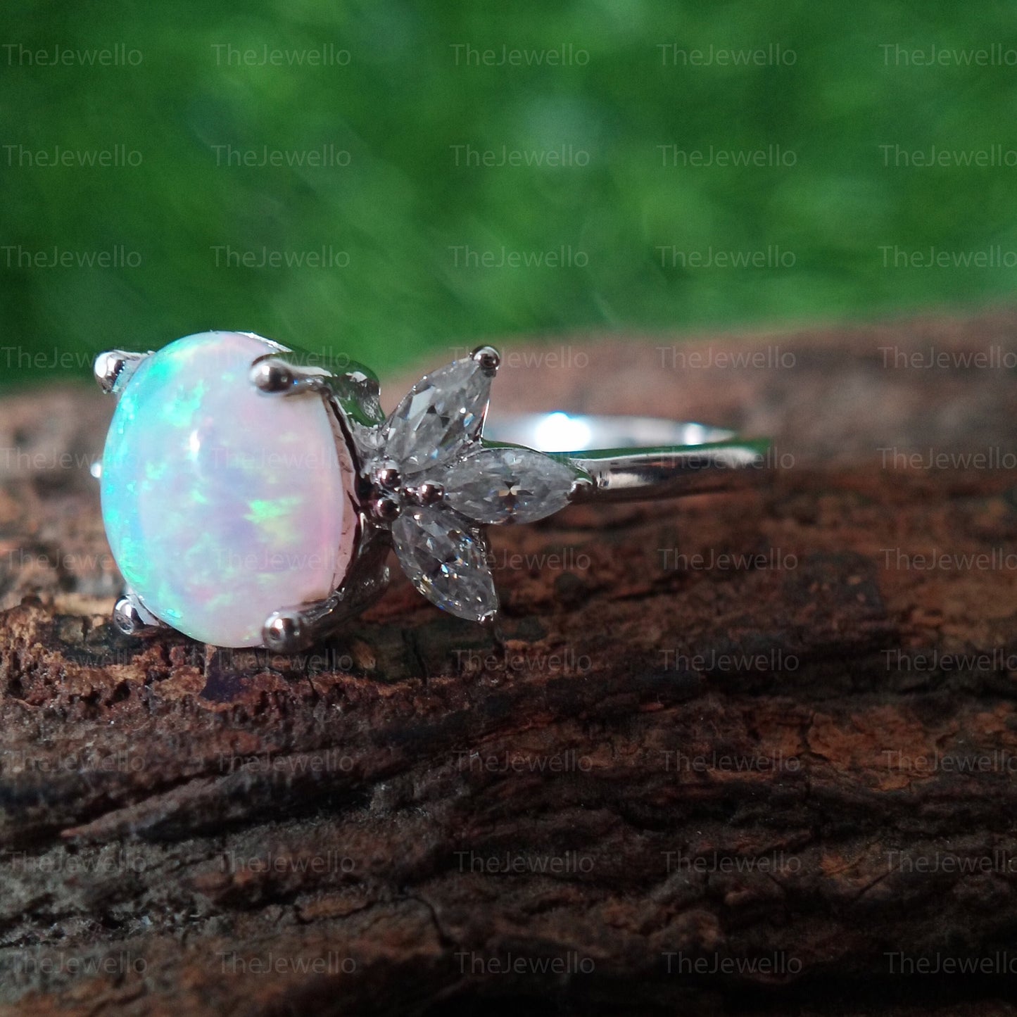 Oval natural opal engagement ring | Vintage White gold wedding ring | Unique Delicate Moissanite/diamond Ring | Anniversary wedding ring