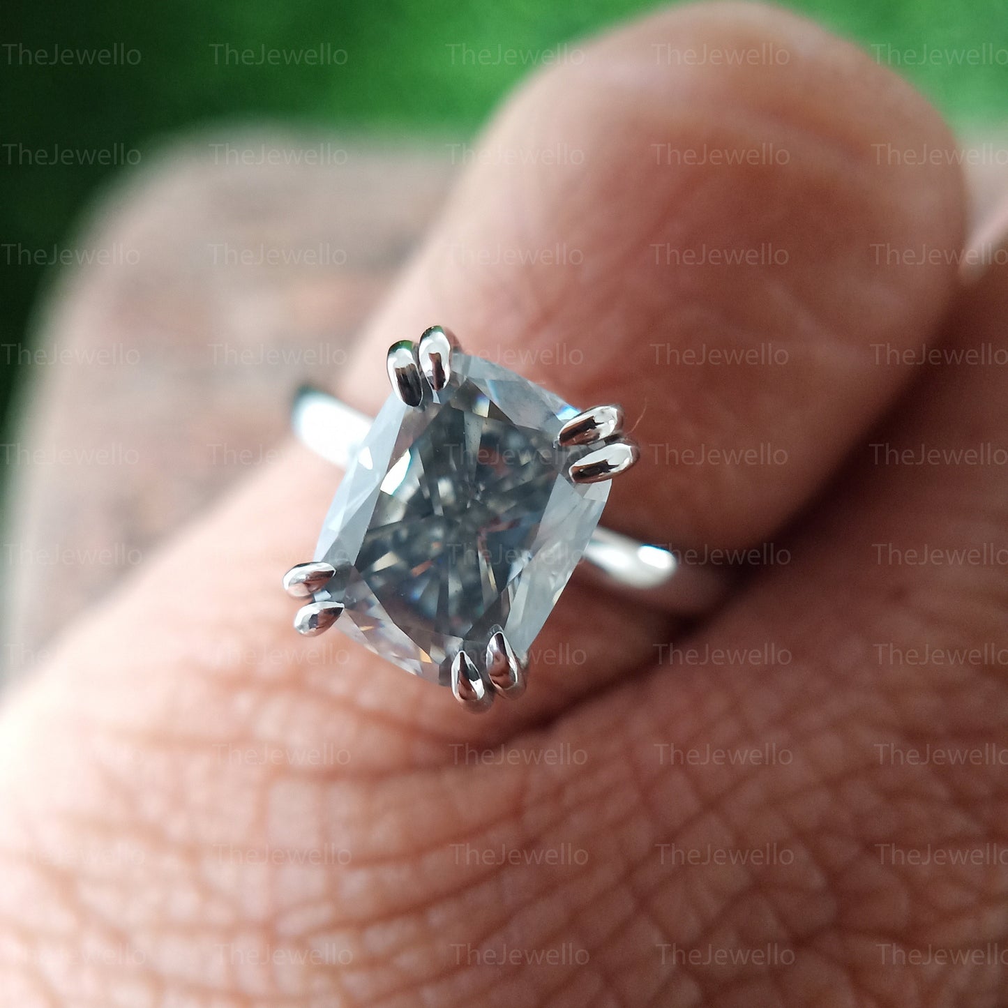 Grey Cushion Moissanite Ring, 2.02 carat Elongated Cushion Gray Moissanite Engagement RIng, Solitaire Grey Moissanite Hidden Halo Ring,