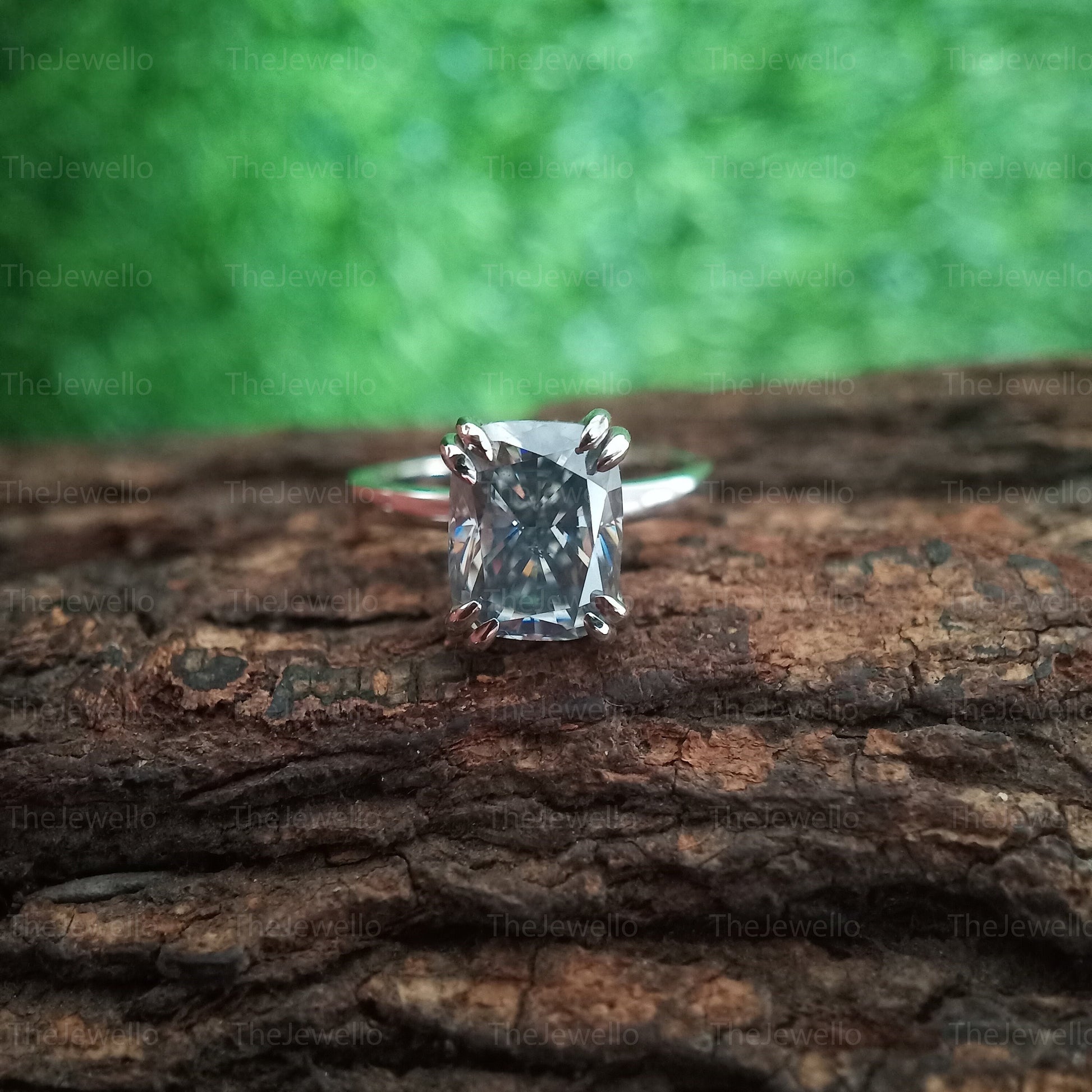 Grey Cushion Moissanite Ring, 2.02 carat Elongated Cushion Gray Moissanite Engagement RIng, Solitaire Grey Moissanite Hidden Halo Ring,