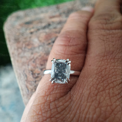 Grey Cushion Moissanite Ring, 2.02 carat Elongated Cushion Gray Moissanite Engagement RIng, Solitaire Grey Moissanite Hidden Halo Ring,