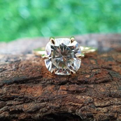 Cushion Cut Moissanite Engagement Ring, Classic Pointed 6 Prong Yellow Gold Ring, Solitaire Moissanite Wedding Anniversary Rings