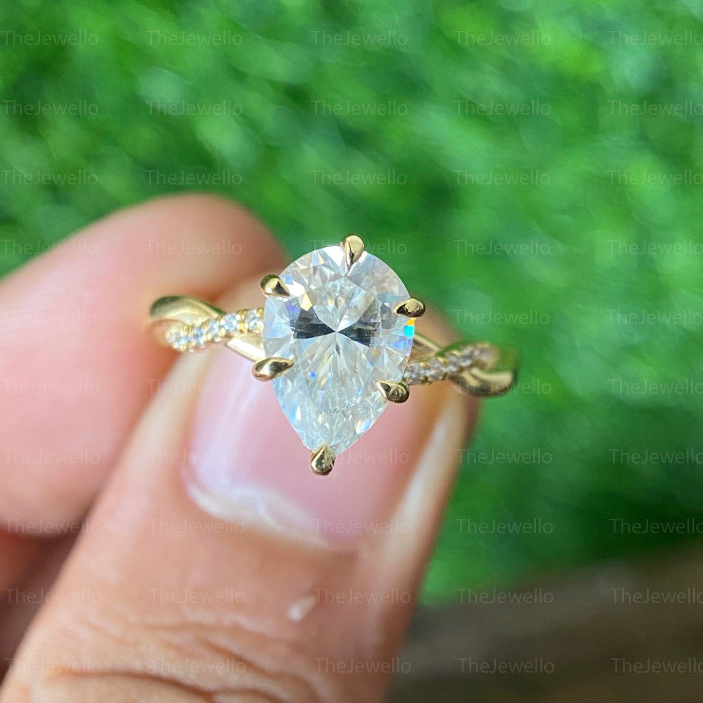 Hidden Halo Pear Cut Moissanite Engagement Ring in 14k Solid Yellow Gold, Women's Solitaire Accent Twisted Band Ring, Perfect Gift For Her