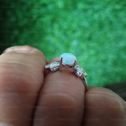 Oval natural opal engagement ring | Vintage White gold wedding ring | Unique Delicate Moissanite/diamond Ring | Anniversary wedding ring