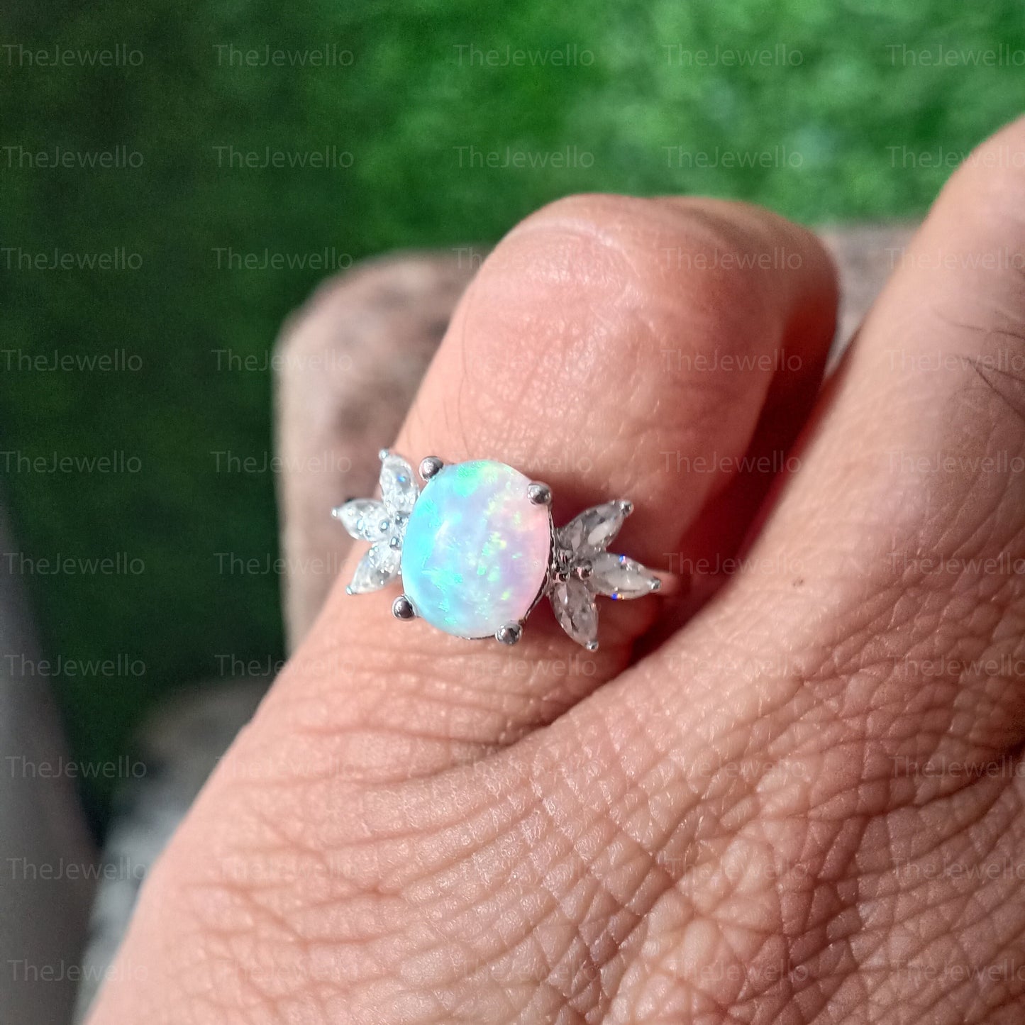 Oval natural opal engagement ring | Vintage White gold wedding ring | Unique Delicate Moissanite/diamond Ring | Anniversary wedding ring