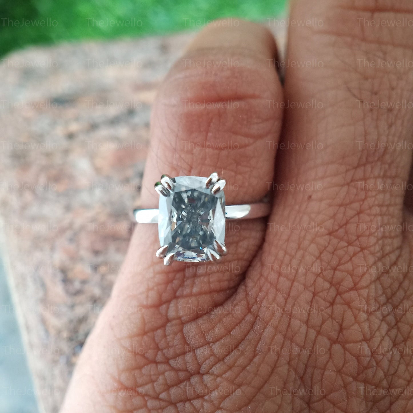 Grey Cushion Moissanite Ring, 2.02 carat Elongated Cushion Gray Moissanite Engagement RIng, Solitaire Grey Moissanite Hidden Halo Ring,