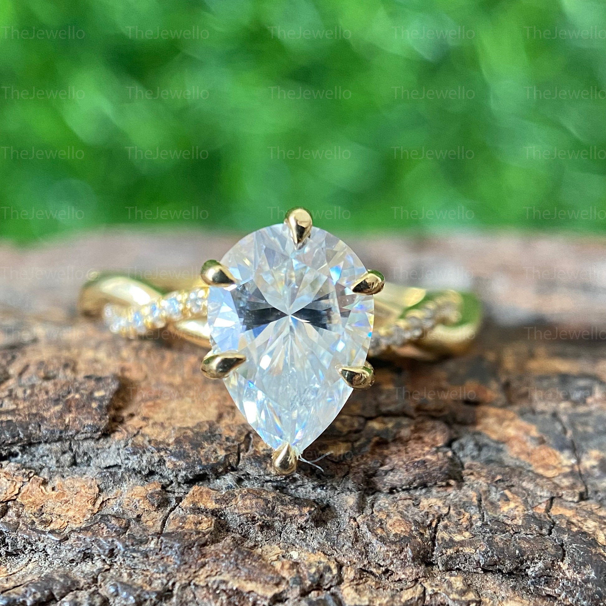 Hidden Halo Pear Cut Moissanite Engagement Ring in 14k Solid Yellow Gold, Women's Solitaire Accent Twisted Band Ring, Perfect Gift For Her