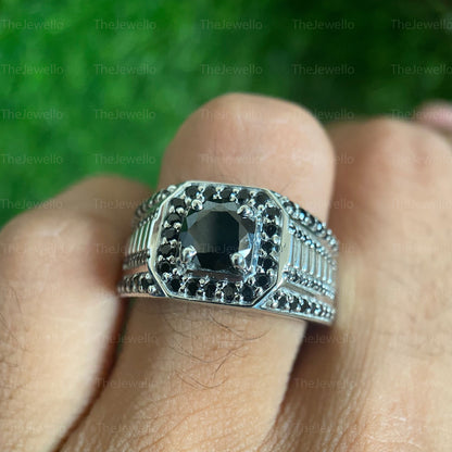 Black Moissanite Men's Ring, Round cut Moissanite Mens Engagement Ring, White Gold Mens Solitaire Accent Ring, Gifts For him