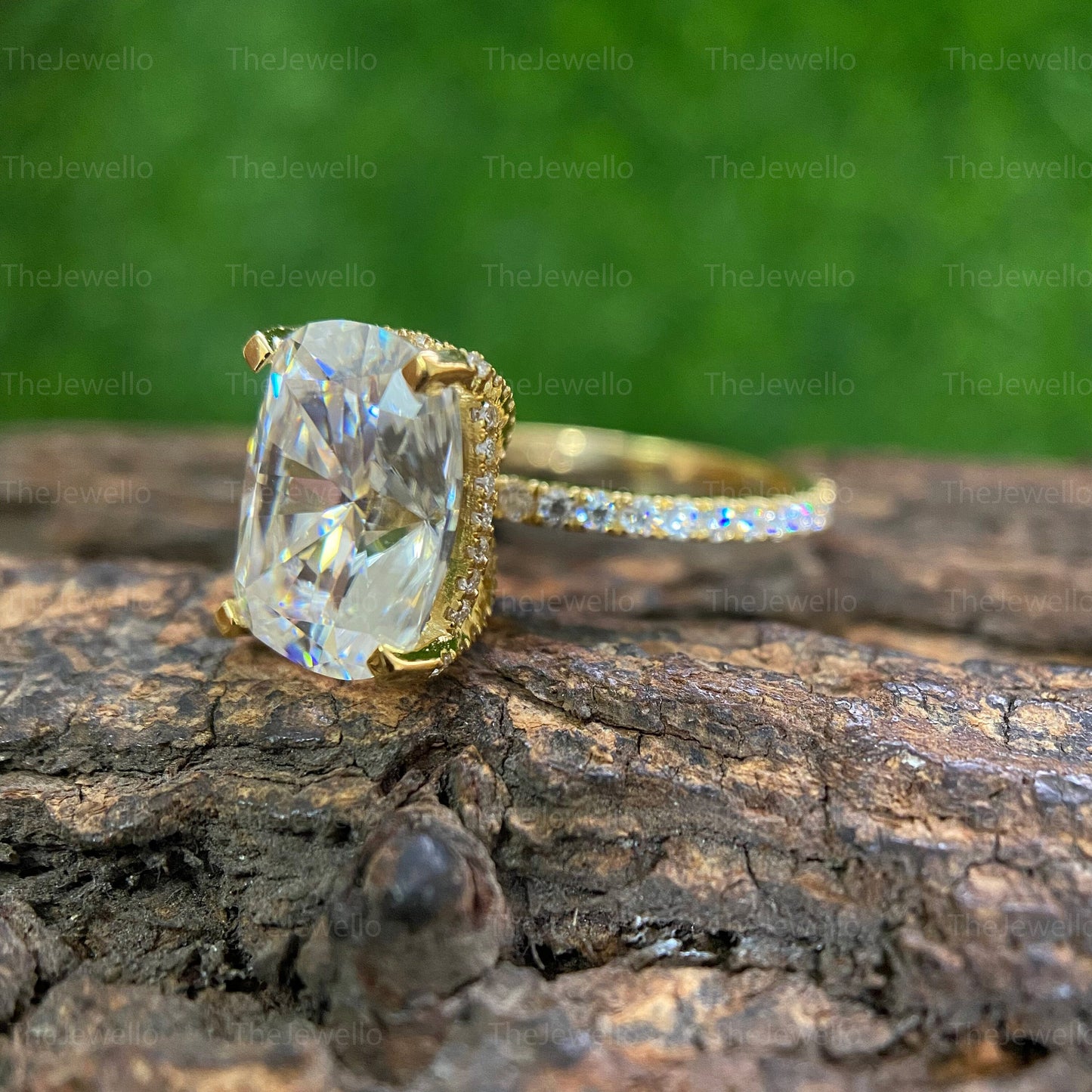 5.15 TW Cushion Colorless Moissanite Engagement Ring | Hidden Halo Women's Ring | Solid Yellow Gold Ring | Cushion Wedding Ring Set