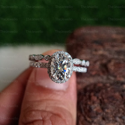 Halo Ring With Vintage Half Eternity Matching Band, 1.40 CT Oval Cut Moissanite Bridal Ring Set, Art Deco Mil Grain Bridal Ring Set Gift