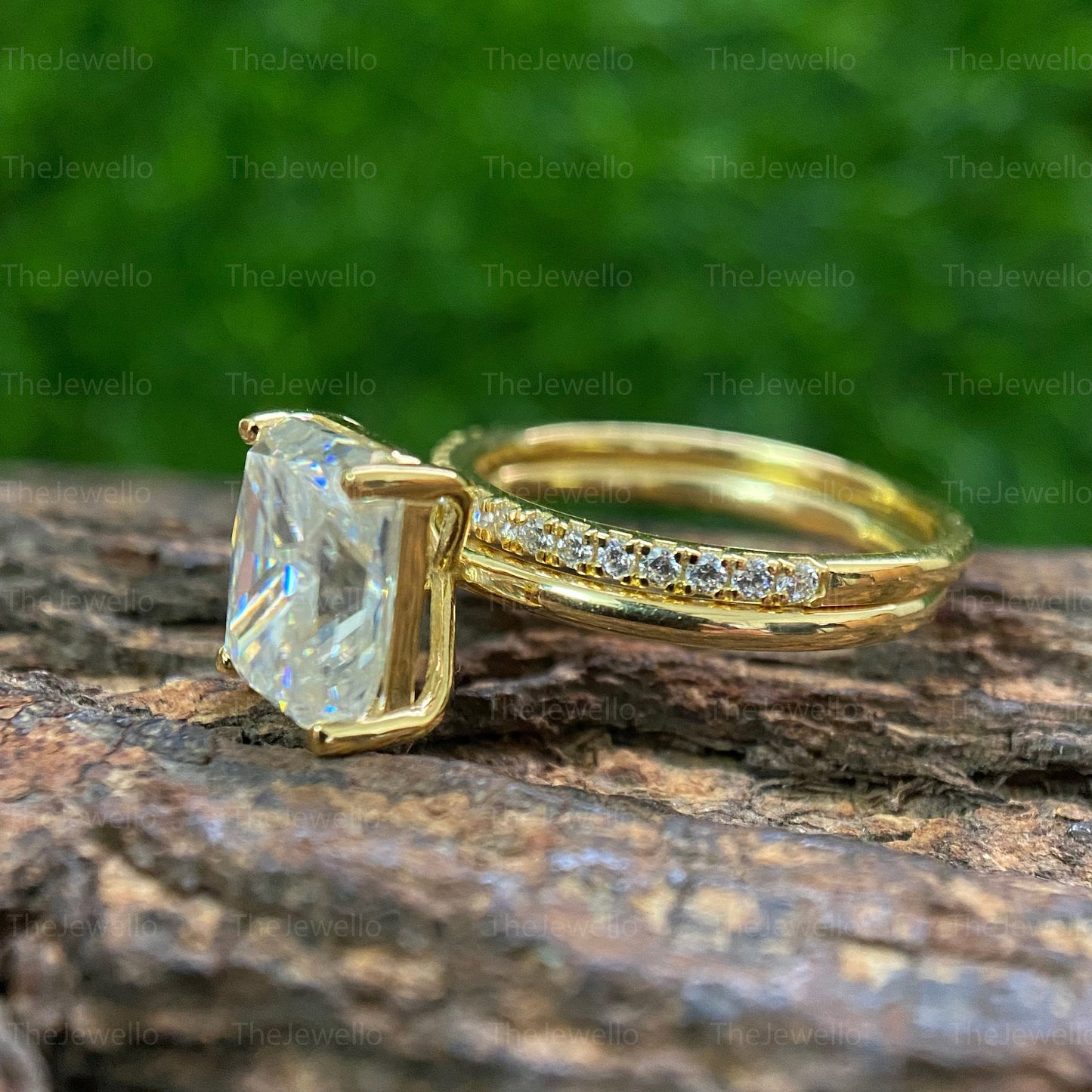 Radiant Moissanite Bridal Sets, Solitaire Engagement Ring with Half Eternity Wedding Band, Solid Yellow Gold Ring Sets