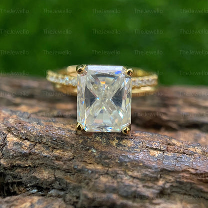 Radiant Moissanite Bridal Sets, Solitaire Engagement Ring with Half Eternity Wedding Band, Solid Yellow Gold Ring Sets