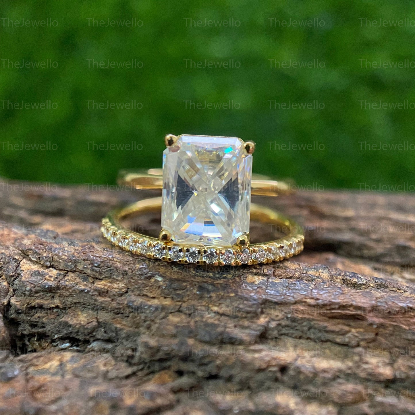 Radiant Moissanite Bridal Sets, Solitaire Engagement Ring with Half Eternity Wedding Band, Solid Yellow Gold Ring Sets