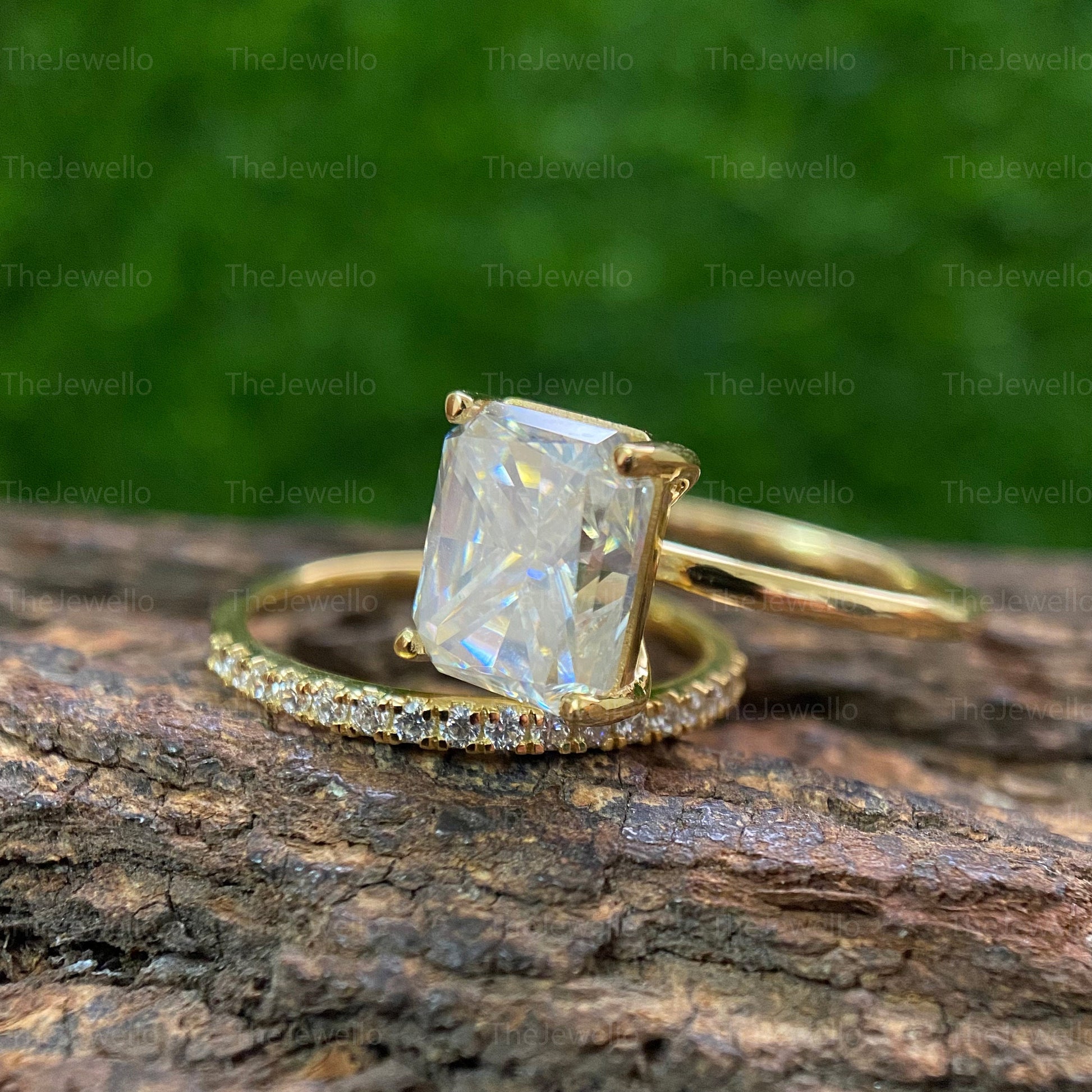 Radiant Moissanite Bridal Sets, Solitaire Engagement Ring with Half Eternity Wedding Band, Solid Yellow Gold Ring Sets