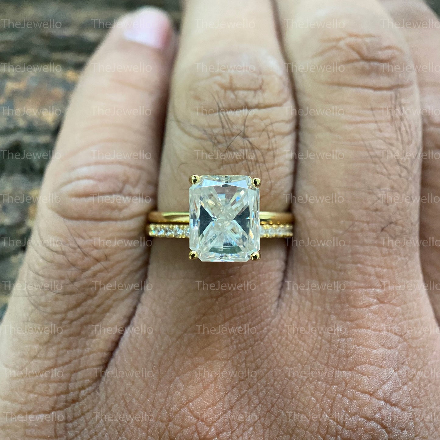 Radiant Moissanite Bridal Sets, Solitaire Engagement Ring with Half Eternity Wedding Band, Solid Yellow Gold Ring Sets