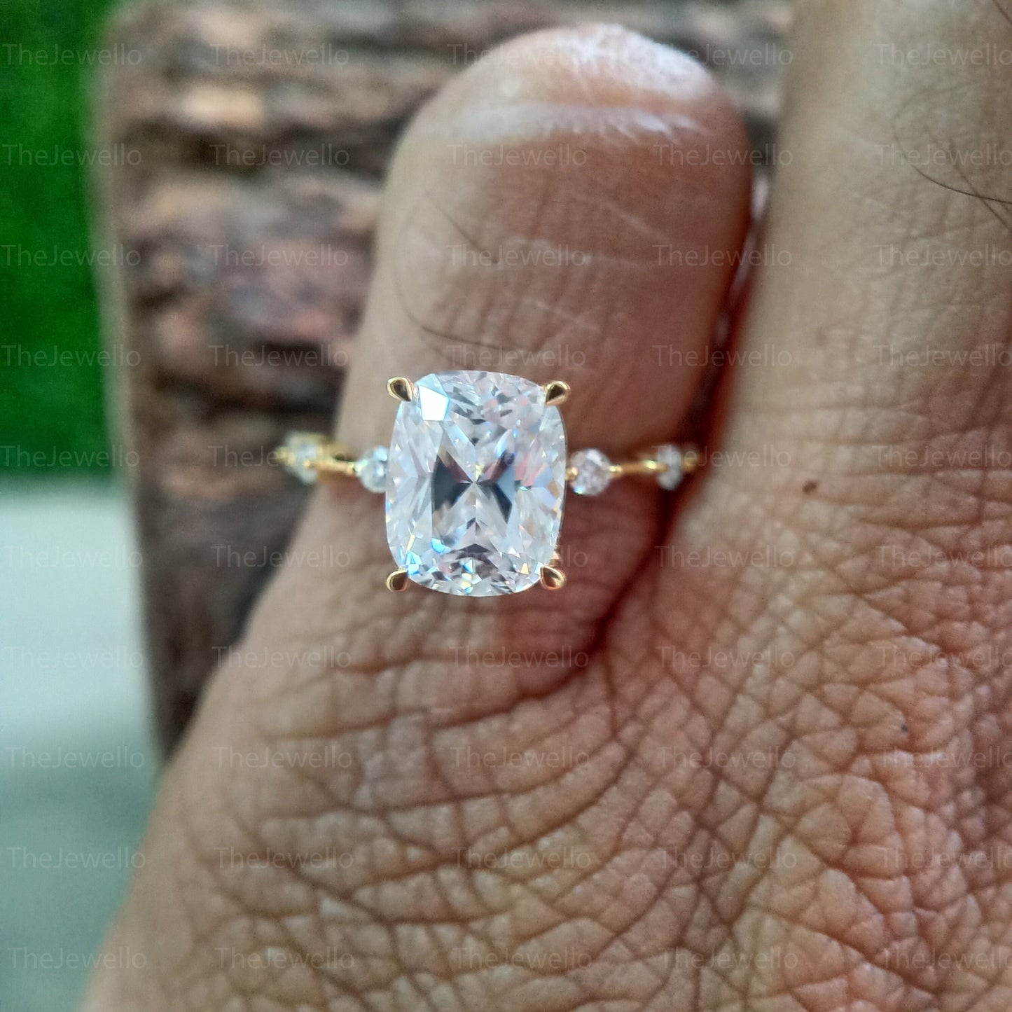 2.45 Carat Elongated Cushion Cut Moissanite Ring, Yellow Gold Engagement Ring, Solitaire Accent Moissanite Diamond Wedding Ring