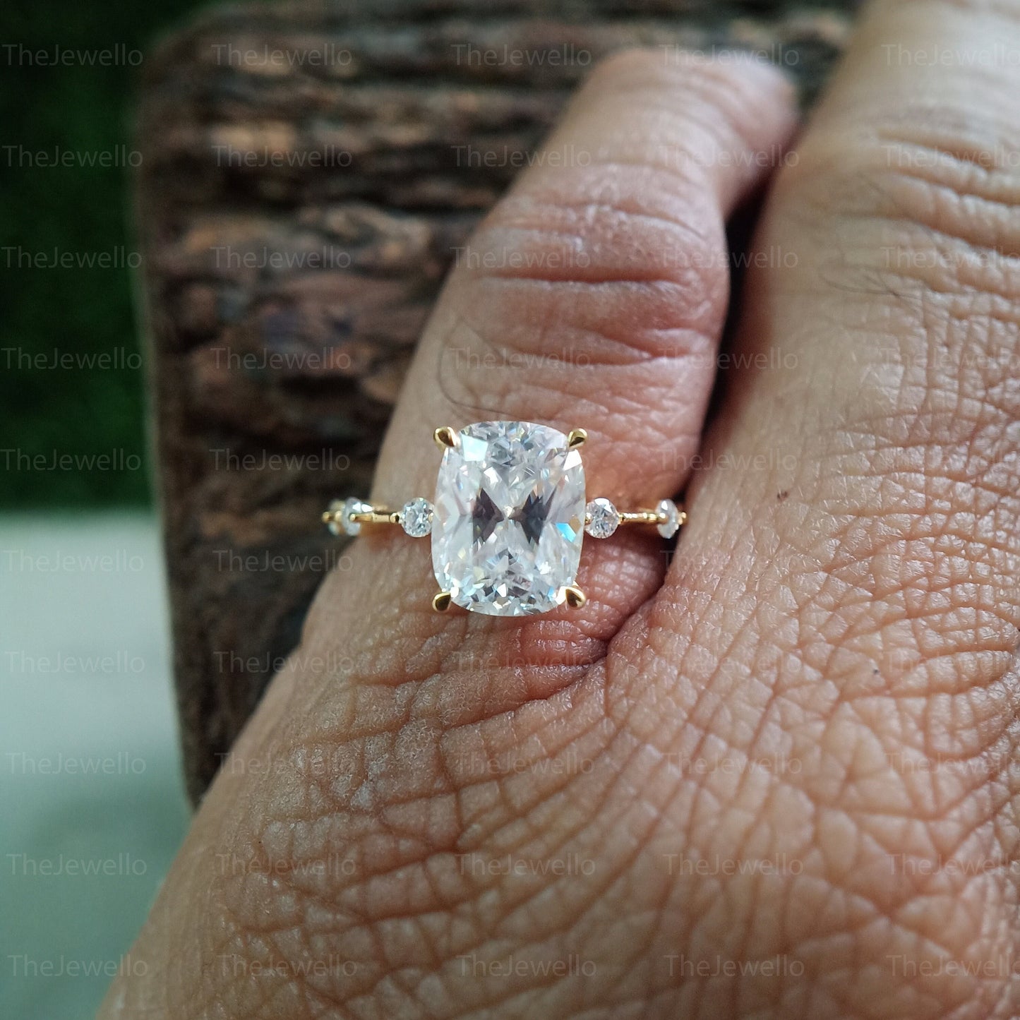 2.45 Carat Elongated Cushion Cut Moissanite Ring, Yellow Gold Engagement Ring, Solitaire Accent Moissanite Diamond Wedding Ring