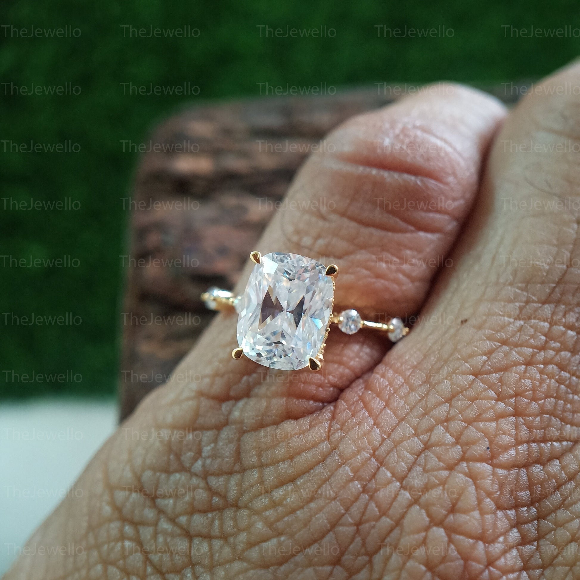 2.45 Carat Elongated Cushion Cut Moissanite Ring, Yellow Gold Engagement Ring, Solitaire Accent Moissanite Diamond Wedding Ring