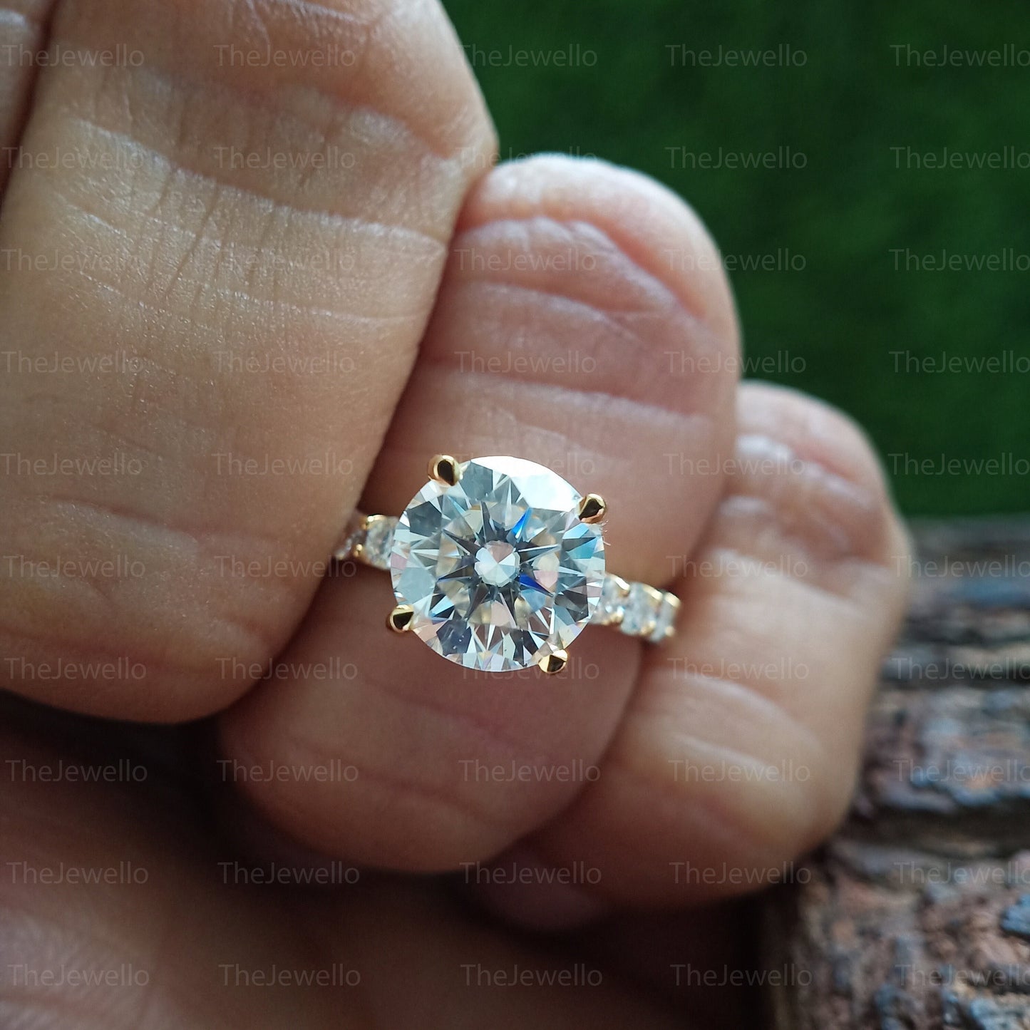 3.80 TCW Round Cut Moissanite Engagement Ring, Solitaire Accent Yellow Gold Ring, Hidden Halo Engagement Ring