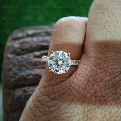 3.80 TCW Round Cut Moissanite Engagement Ring, Solitaire Accent Yellow Gold Ring, Hidden Halo Engagement Ring