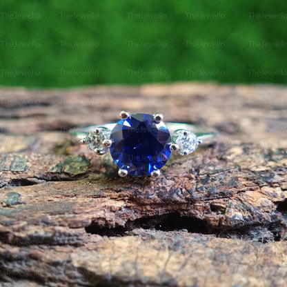 Round cut Tanzanite Gemstone Ring, Three Stone Birthstone Ring, 925 Sterling Silver Rings, Classic 6 Prong Engagement Ring