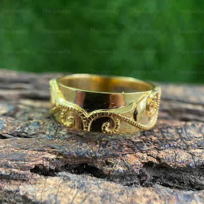 Hawaiian Jewelry Ring, Whale Tail Motif Mens Band Ring, Solid Gold Men's Wedding Band, Comfort Fit Ring For Him