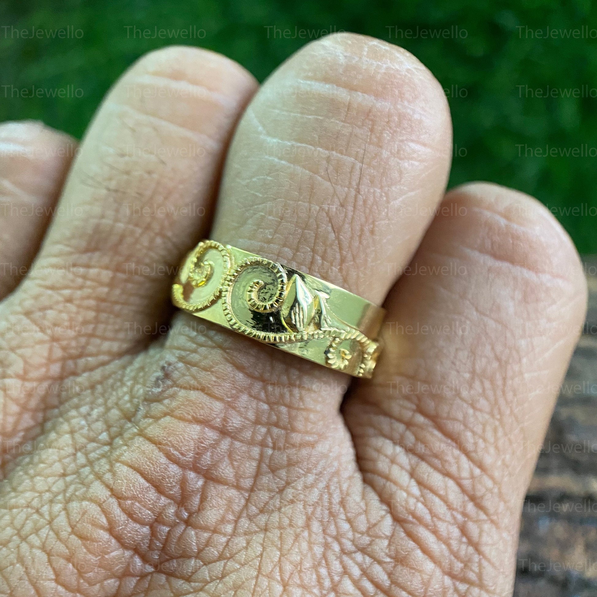 Hawaiian Jewelry Ring, Whale Tail Motif Mens Band Ring, Solid Gold Men's Wedding Band, Comfort Fit Ring For Him