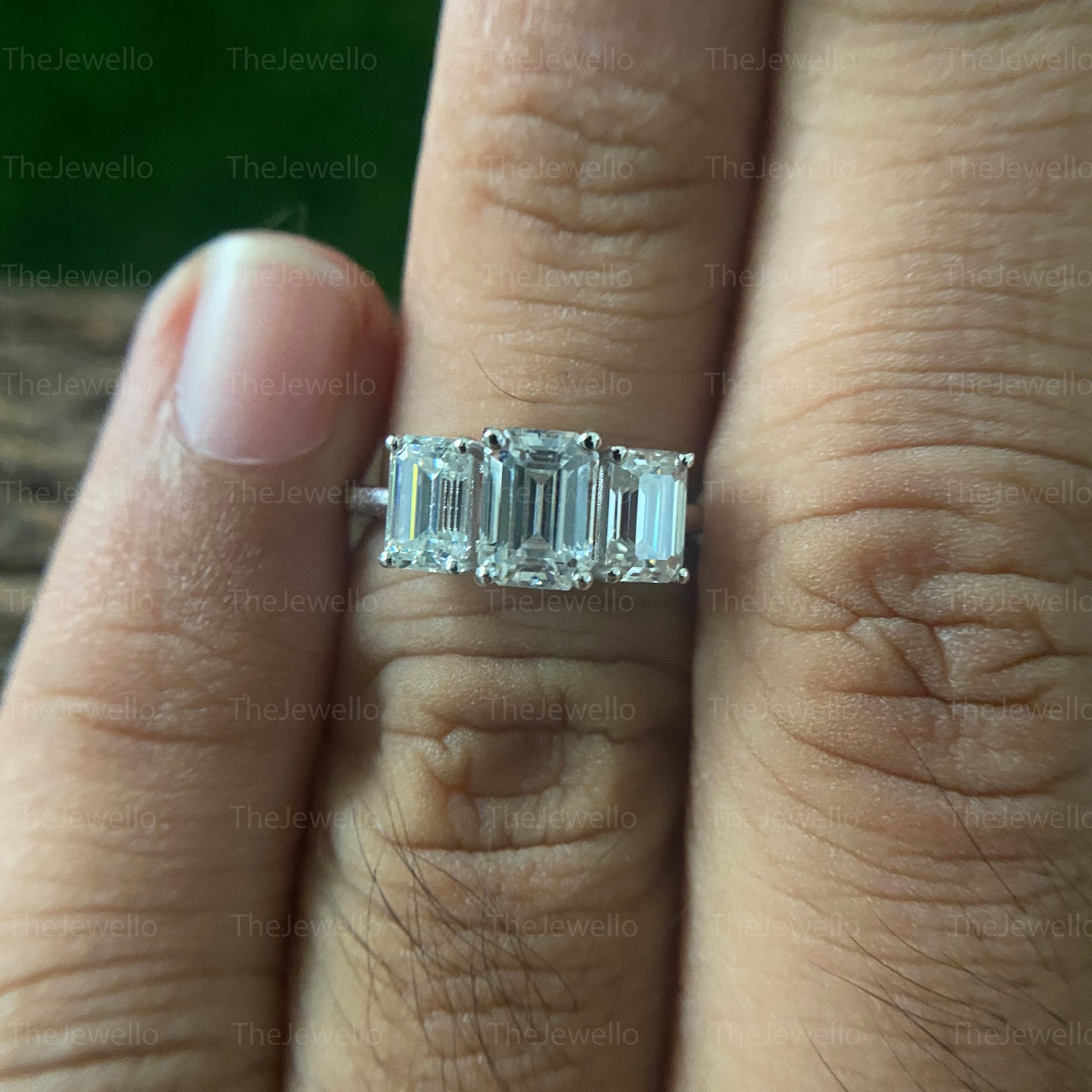 2.20 TCW Three stone engagement ring,Emerald cut moissanite ring,18k/14k yellow gold,unique,trllies set three stone ring,wedding ring,women