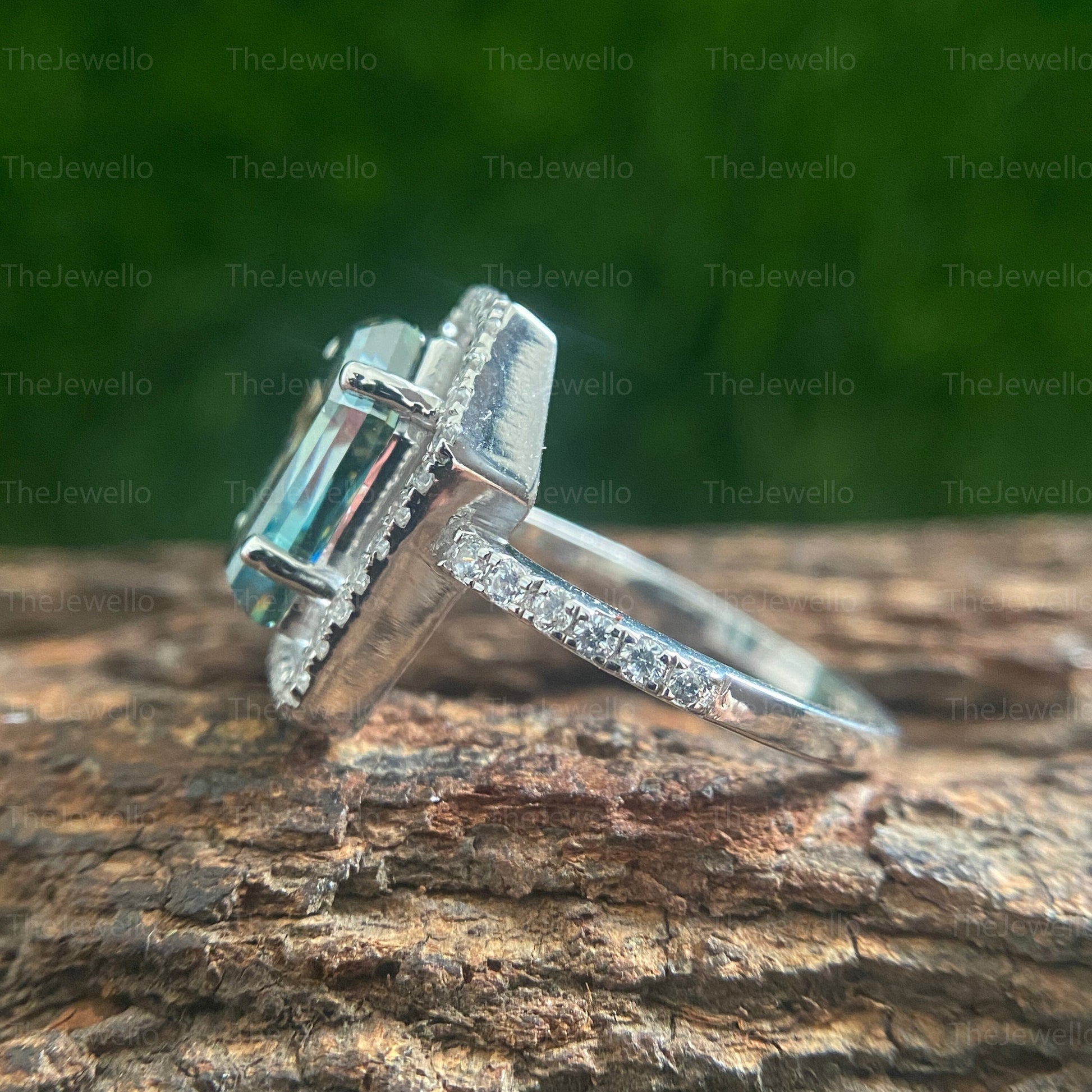 Moissanite Coffin Ring Set 3.60 Ct for Green Blue Moissanite Diamond Engagement Ring Gift for Her Halo Promise Ring