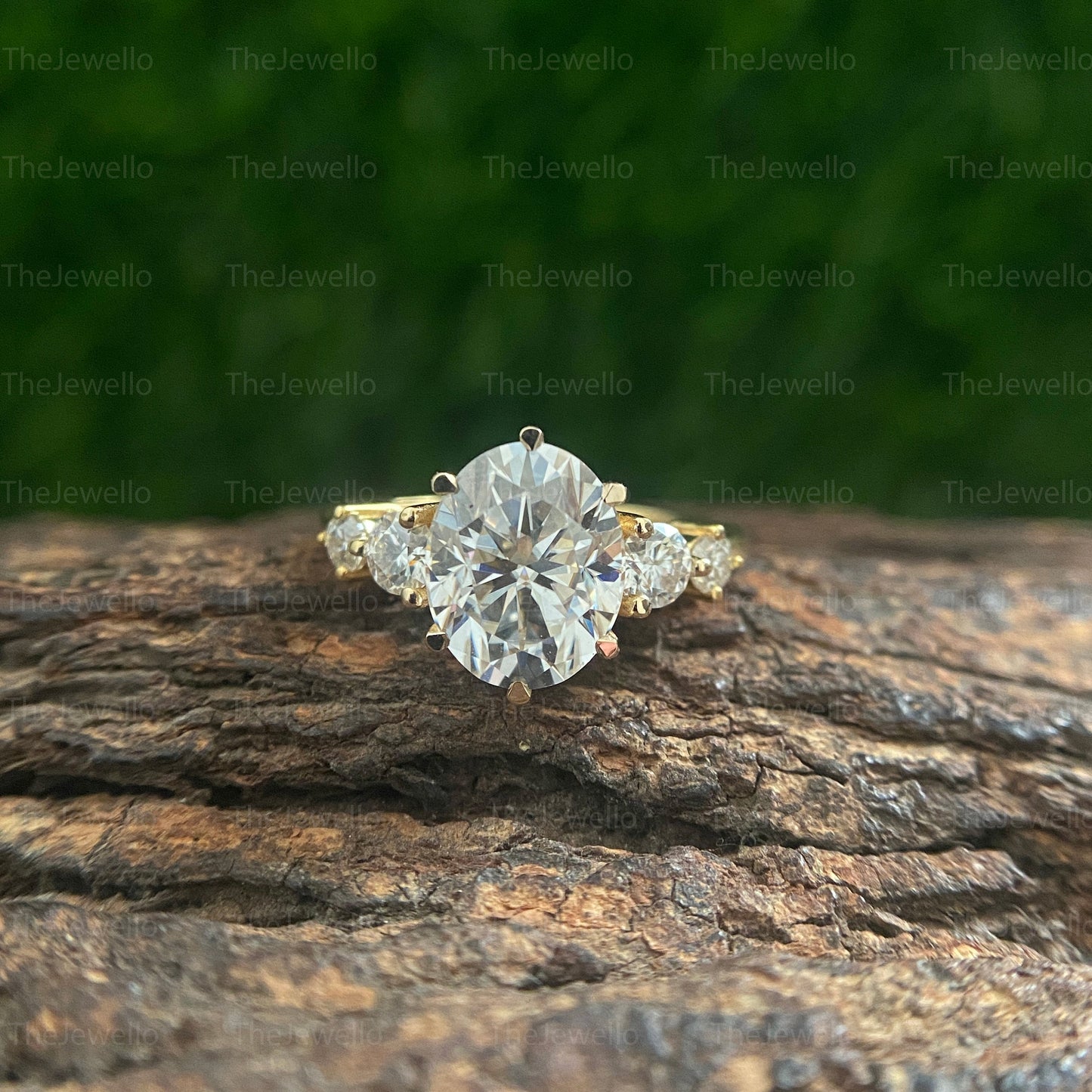 Oval Cut Moissanite Ring, Oval Yellow Gold Engagement Ring, Solitaire Round Accent Moissanite Engagement Ring