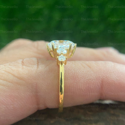 Oval Cut Moissanite Ring, Oval Yellow Gold Engagement Ring, Solitaire Round Accent Moissanite Engagement Ring