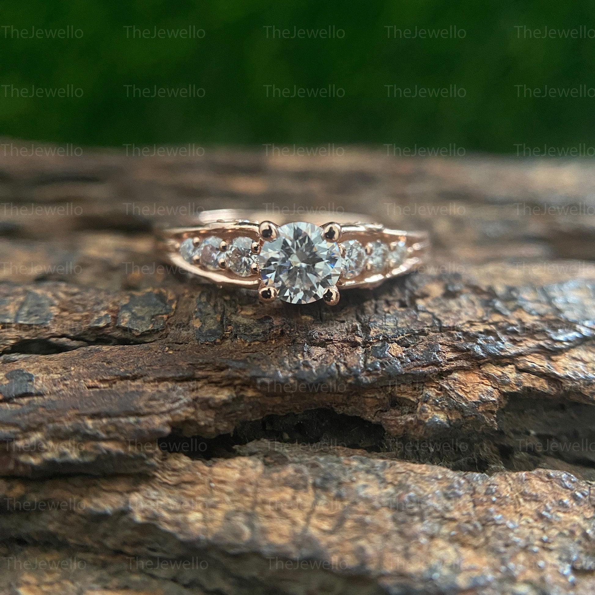 Colorless Round Cut Moissanite Engagement Ring/ Solid 14K Rose Gold Women's Ring/ Solitaire With Accents Designer Diamond Ring.