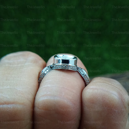 Unique Bezel Set Engagement Ring/ Round Cut Moissanite Vintage Style Ring/ Solitaire With Accents Hidden Halo Diamond Ring.