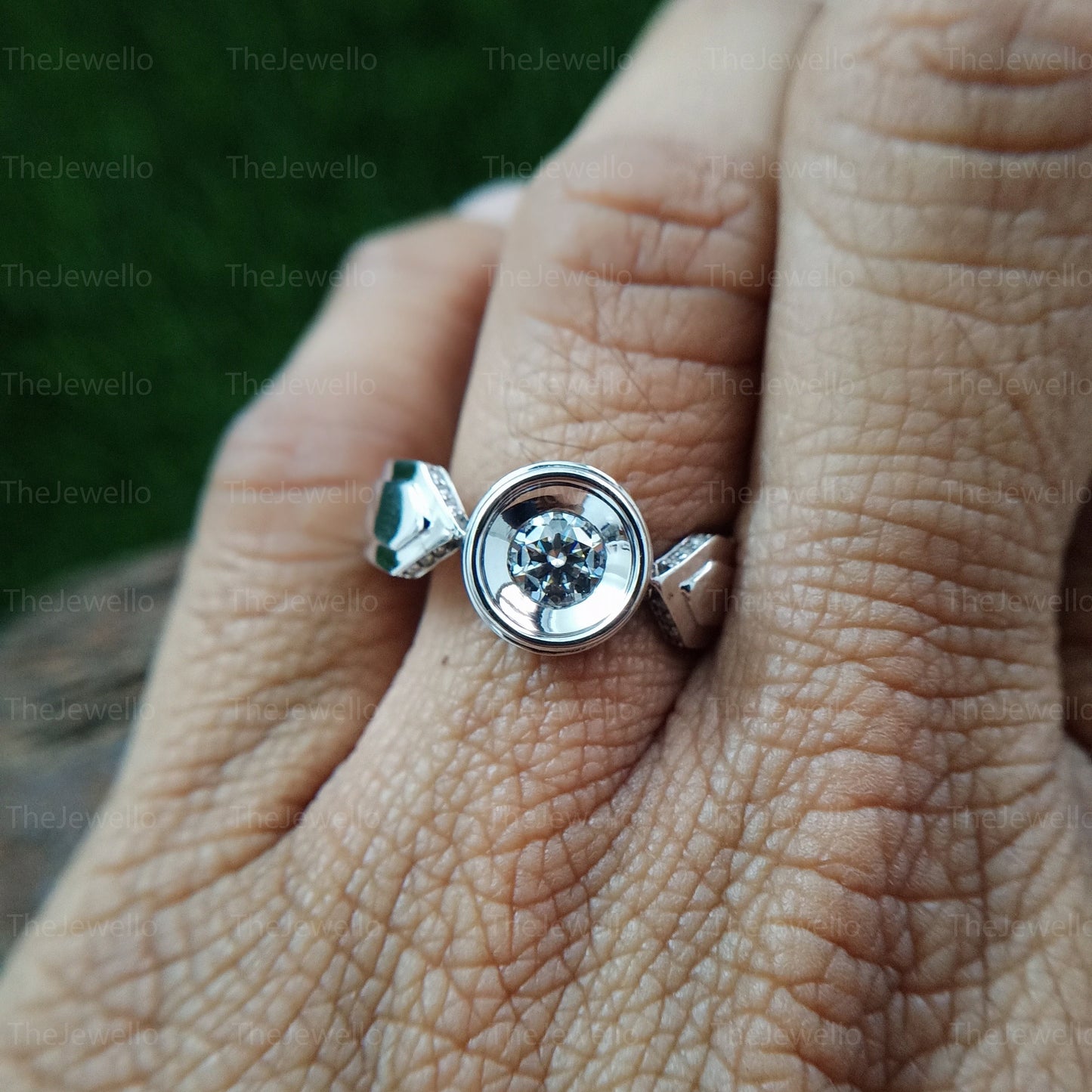 Unique Bezel Set Engagement Ring/ Round Cut Moissanite Vintage Style Ring/ Solitaire With Accents Hidden Halo Diamond Ring.