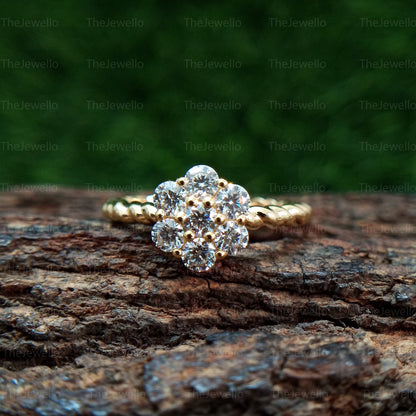 Round Cut Moissanite Halo Ring/ Unique Flower Design Wedding Ring/ Seven Stone Solitaire Ring For Women/ Daily Wear Diamond Jewelry.