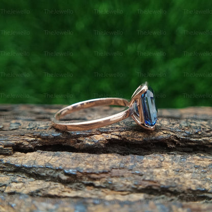 Dark Blue Emerald Moissanite Solitaire Ring, Half Bezel Set Rose Gold Ring, Handmade Moissanite Ring For Everyday Wear, Christmas Gift.