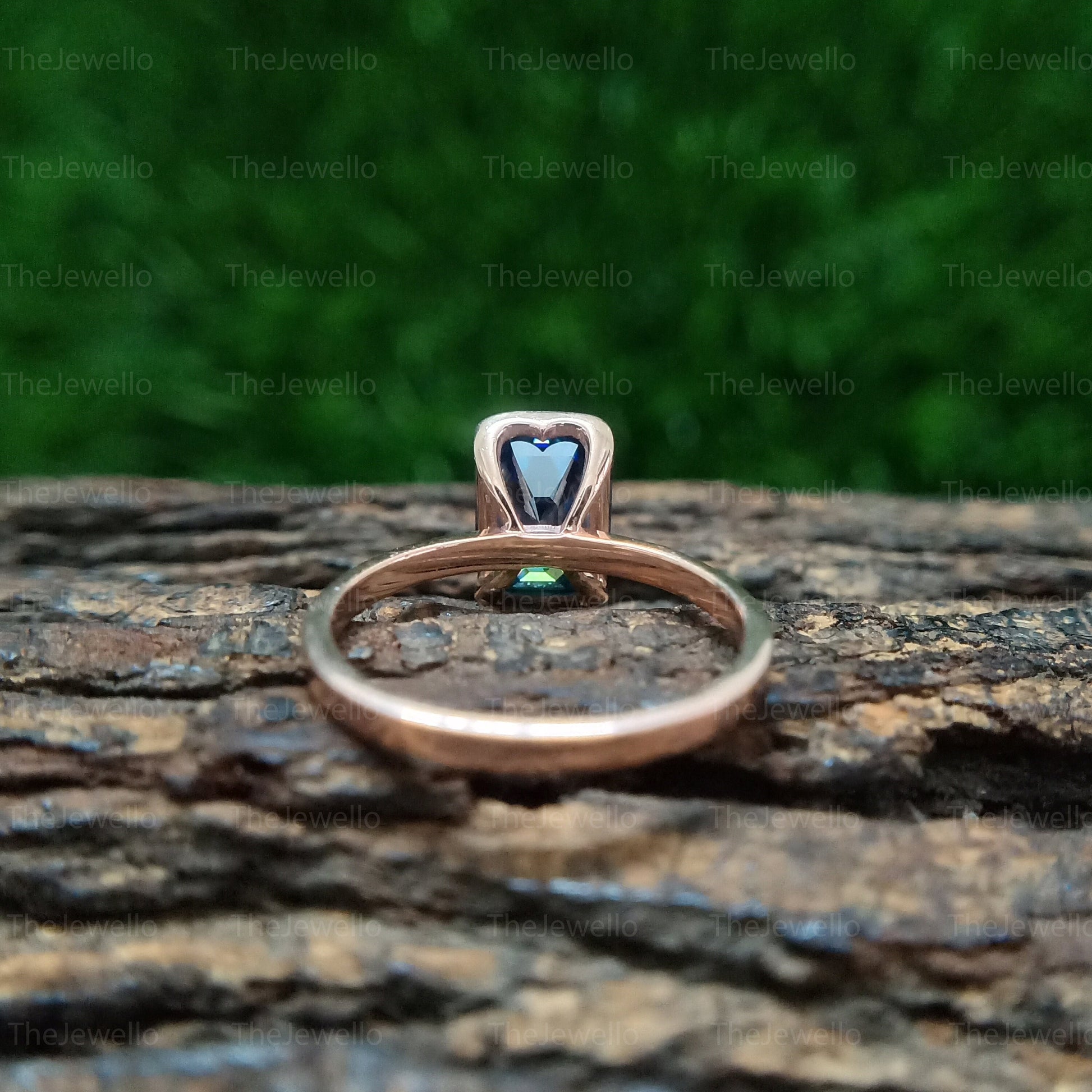 Dark Blue Emerald Moissanite Solitaire Ring, Half Bezel Set Rose Gold Ring, Handmade Moissanite Ring For Everyday Wear, Christmas Gift.