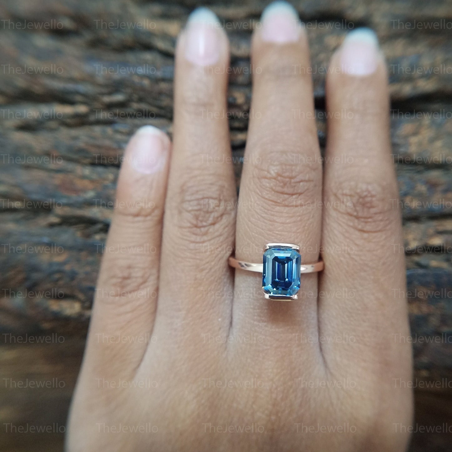 Dark Blue Emerald Moissanite Solitaire Ring, Half Bezel Set Rose Gold Ring, Handmade Moissanite Ring For Everyday Wear, Christmas Gift.