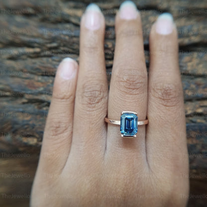 Dark Blue Emerald Moissanite Solitaire Ring, Half Bezel Set Rose Gold Ring, Handmade Moissanite Ring For Everyday Wear, Christmas Gift.