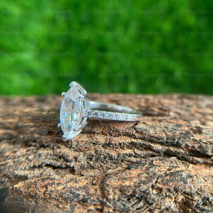 Marquise Cut Moissanite Ring/ Solitaire With Accents Diamond Ring/ Basket Prong Setting Bridal Ring/ Classic Petite Pave Wedding Ring.